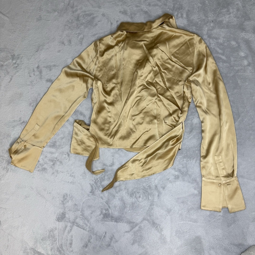 Brooks Brothers 100% Silk Wrap Blouse Women 8 Gold Champagne Tie Front USA